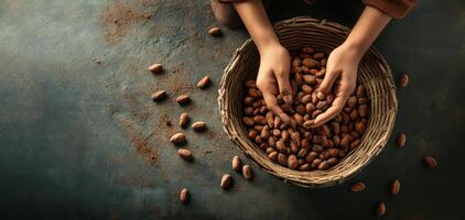 Sorting cocoa beans into baskets, hands gently handling rich textures photo