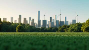 modern cityscape featuring lush green park and wind turbines, showcasing urban sustainability and nature beauty photo