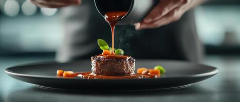 chef hands pouring sauce over plated steak with vegetables, creating elegant presentation photo