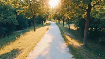 serene park with jogging trail surrounded by lush trees and sunlight photo