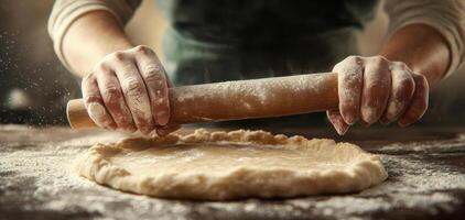Rolling out pie crust with wooden pin, hands covered in flour, creating delicious pastry photo