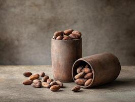 Rustic containers filled with cocoa beans on textured surface, showcasing natural beauty and earthy tones photo