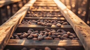 Rustic drying racks filled with cocoa beans under warm sunlight, showcasing nature bounty photo