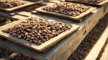 Rustic drying racks filled with cocoa beans under sunlight, showcasing natural textures and earthy tones photo