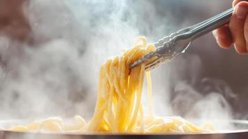 Steaming pasta being pulled from boiling water with tongs, delicious aroma photo
