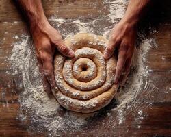 Dough being rolled into spiral shape on wooden surface, hands covered in flour, creating delicious cinnamon roll photo