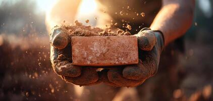Dusty gloves lifting brick with detailed textures and soil particles photo