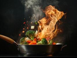 Flames leaping from pan as chef sautes vegetables, creating vibrant scene of cooking excitement and flavor photo