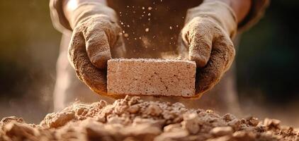 Lifting brick with dusty gloves, showcasing detailed textures and effort photo