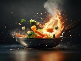Flames leap from pan as chef sautes vibrant vegetables, creating dynamic culinary scene photo