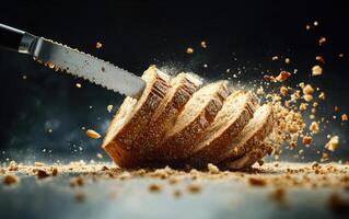 Freshly baked bread being sliced with serrated knife, creating crumbs photo