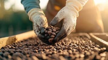 Gloved hands holding cocoa beans in sunlit environment, showcasing harvest process photo