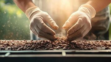Gloved hands carefully sorting cocoa beans on sunlit surface, showcasing rich texture and earthy tones of beans photo