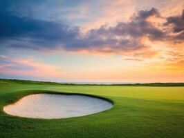 serene golf course scene featuring sand trap colorful sunset sky. lush green grass contrasts beautifully with sandy bunker photo