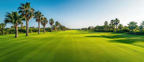 stunning drone shot of golf course lined with palm trees, showcasing vibrant green grass and clear blue sky photo