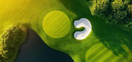 Captivating top down view of golf course with green grass, sand trap, and water photo