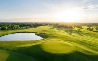 Aerial view of scenic golf course with lush green landscapes and serene pond, showcasing beauty of nature photo