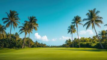 scenic golf course framed by towering palm trees under clear blue sky photo