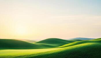 Serene landscape of rolling green hills under soft sunrise sky, evoking tranquility and peace photo