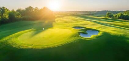 Aerial view of golf course at sunrise with golden light illuminating green landscape photo