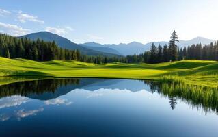 tranquil golf course by mountain lake, featuring vivid green grass and serene reflections photo