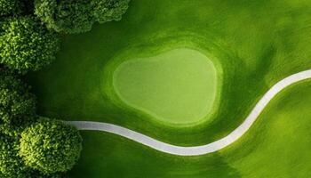 Aerial view of golf course with green area and winding path photo