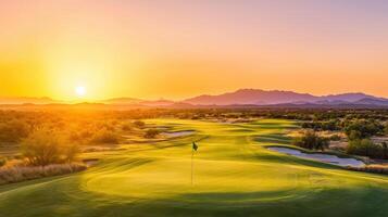 Aerial view of golf course at sunset with vibrant colors and serene landscape photo
