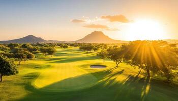 stunning aerial view of pristine golf course at sunset, showcasing lush greens and mountains photo