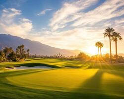 Majestic golf course with sunlight breaking through palm trees and mountains photo
