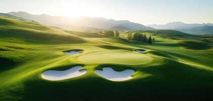 High angle view of golf course with dramatic bunkers and lush greens photo