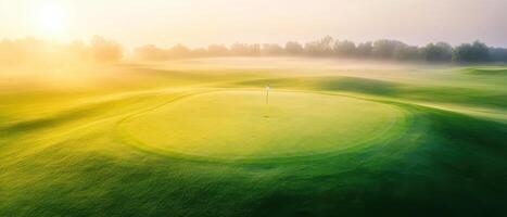Lush green fairways and serene golf course captured from above at dawn, showcasing beauty of nature photo