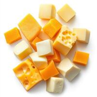 Assorted cheese cubes and slices in various shapes and colors create delightful display photo