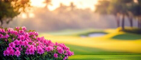 picturesque golf course featuring flowering shrubs and lush greenery, creating serene atmosphere photo