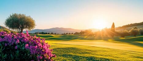 picturesque golf course with flowering shrubs and stunning sunset view. vibrant colors of nature create serene atmosphere photo