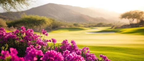 Picturesque golf course with flowering shrubs and scenic mountains, creating serene atmosphere photo