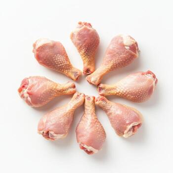 Fresh raw chicken drumsticks arranged in circular pattern, showcasing their texture and color photo