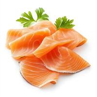 Fresh smoked salmon slices garnished with parsley, perfect for appetizers photo