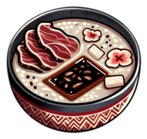 A bowl of sticky rice with beef and soya sauce on the table png