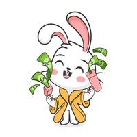 Illustration of a happy rabbit with a lot of money in a cute cartoon style. vector