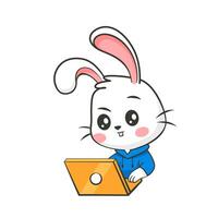 Illustration of a rabbit with a laptop in a cute cartoon style. vector