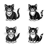 set of black and white illustration of cute kitten vector