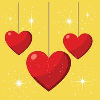 three red hearts hanging from strings on a yellow background vector