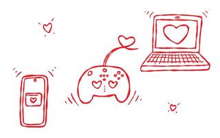 Valentine s Day Doodle Icon Set. Smartphone with a heart notification, laptop screen showing a heart icon, gaming controller with heart buttons. Love themed designs, web, cards, stickers vector