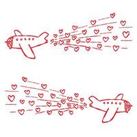 Airplane with hearts trailing behind. Hand-drawn red contour elements isolated on a white background. Romantic love themed designs, Valentines Day, travelling, honeymoon, cards, web, blog, prints vector