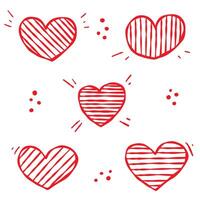 Heart Icon Set. Hand drawn doodle style. Various hatching lines, red contour isolated on a white background. Valentine s Day, wedding, anniversary, greeting cards, invitations, stickers, web design vector