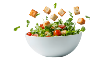 Salad with Cherry Tomatoes and Croutons in White Bowl png