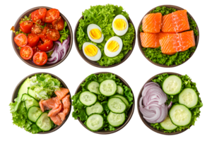 Six Salad Component Bowls Tomatoes, Eggs, Salmon, Cucumbers, and Onions png