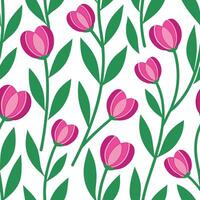 Pink Flower Seamless Pattern Floral Design, Green Leaves, White Background vector