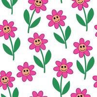 Happy Pink Flowers Smiling Seamless Pattern Background Design vector