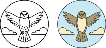 Flying Bird, Bird in Flight, Line Art, Coloring Page, Bird Illustration, Sky, Clouds, Wings, Avian, vector